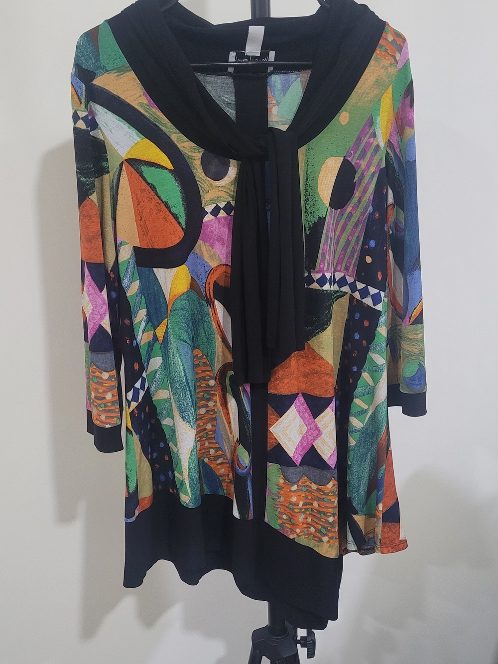 Joseph Ribkoff Multicolor Abstract Tunic with Black Tie Neck Sz14